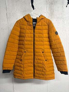 HFX Women's Hooded Lightweight Stretch Quilted Puffer Jacket in Mustard Yellow